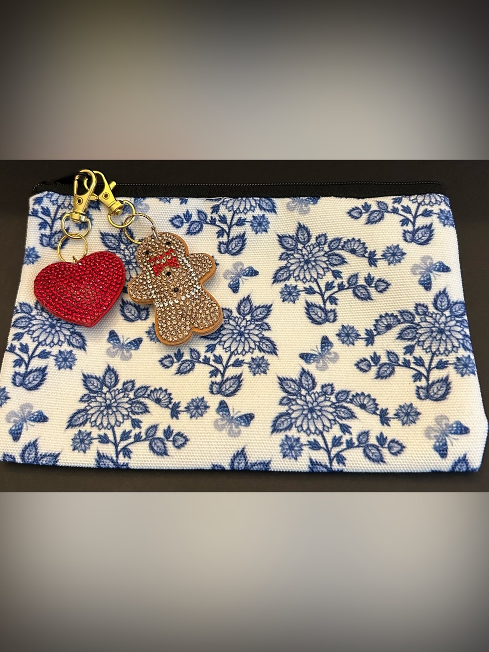 Blue Flower Toile Canvas Cosmetic Zip Case w/Crystal Gingerbread & Heart Charms